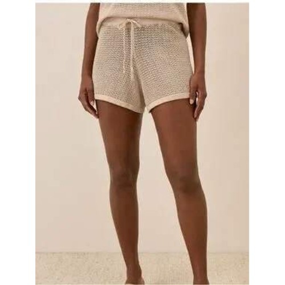 Pact Beachside Crochet Knit Shorts Womens Sz Large Cotton Linen Tan Beige  NEW